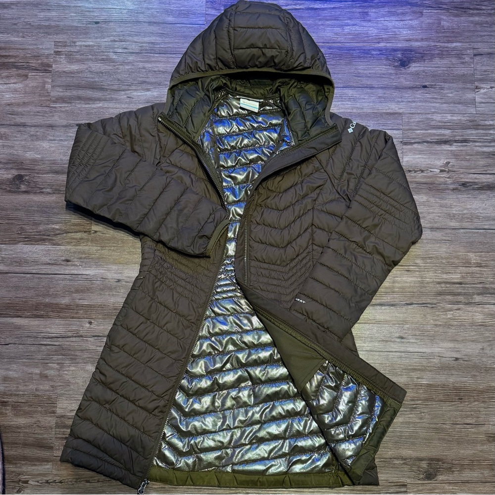 Columbia Omni-Heat Long Olive Puffer Coat Women’s Small Insulated Winter